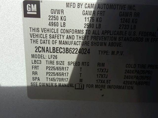 2CNALBEC3B6224024 - 2011 CHEVROLET EQUINOX LS SILVER photo 10