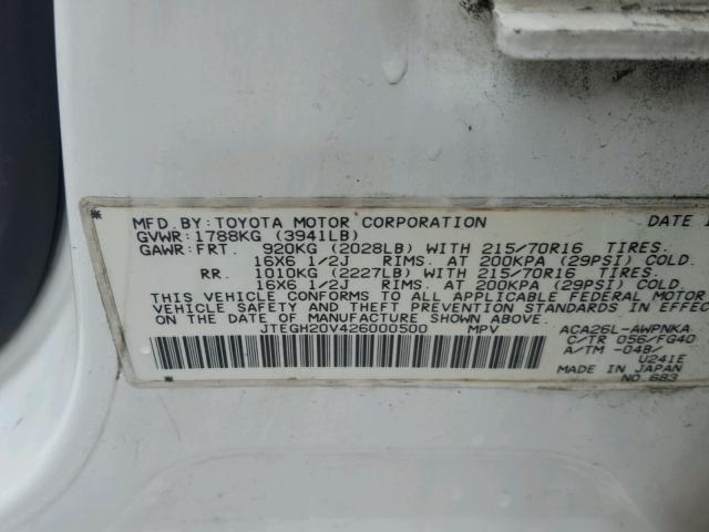 JTEGH20V426000500 - 2002 TOYOTA RAV4 WHITE photo 10