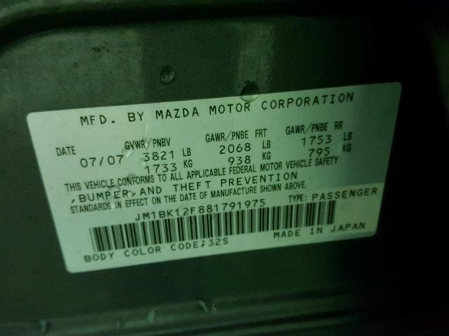 JM1BK12F881791975 - 2008 MAZDA 3 I GRAY photo 10