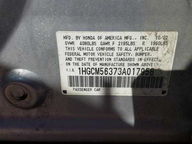 1HGCM56373A017958 - 2003 HONDA ACCORD LX SILVER photo 10