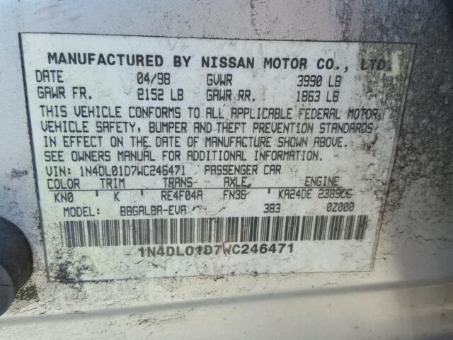 1N4DL01D7WC246471 - 1998 NISSAN ALTIMA XE SILVER photo 10