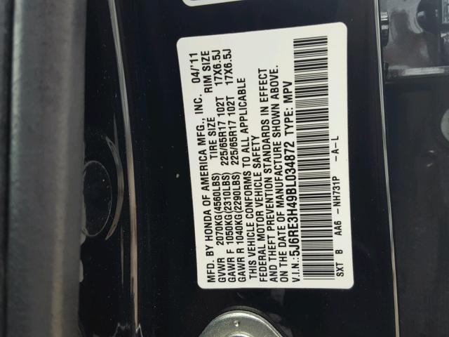 5J6RE3H49BL034872 - 2011 HONDA CR-V SE BLACK photo 10