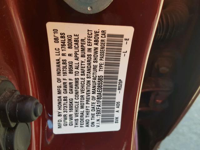 19XFA1F80AE085585 - 2010 HONDA CIVIC EX წითელი ფოტო 10