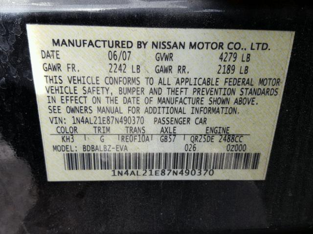 1N4AL21E87N490370 - 2007 NISSAN ALTIMA 2.5 BLACK photo 10