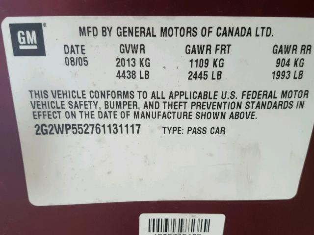 2G2WP552761131117 - 2006 PONTIAC GRAND PRIX BURGUNDY photo 10