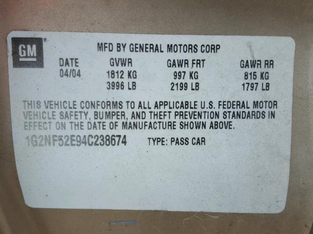 1G2NF52E94C238674 - 2004 PONTIAC GRAND AM S ოქროსფერი ფოტო 10