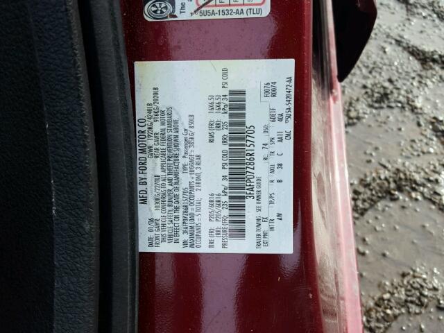 3FAFP07Z86R157705 - 2006 FORD FUSION SE MAROON photo 10