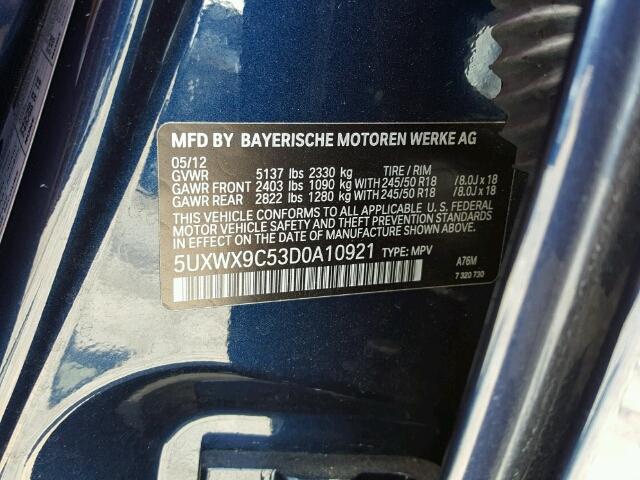 5UXWX9C53D0A10921 - 2013 BMW X3 XDRIVE2 BLUE photo 10