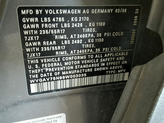 WVGAV75N99W003035 - 2009 VOLKSWAGEN TIGUAN S SILVER photo 10