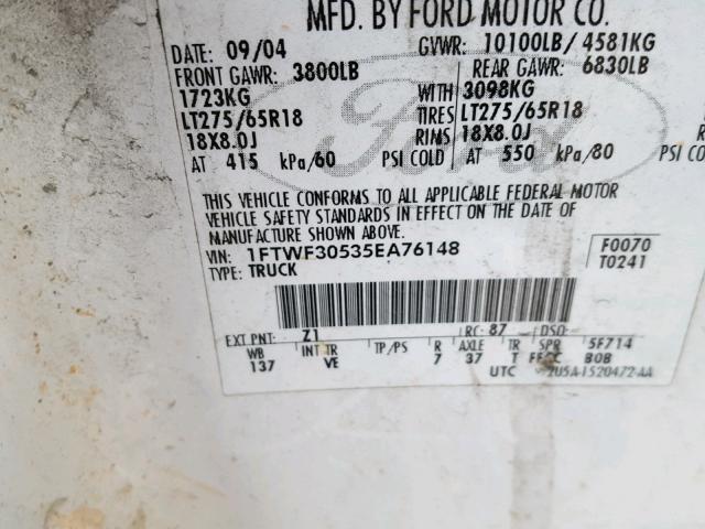 1FTWF30535EA76148 - 2005 FORD F350 SRW S WHITE photo 10