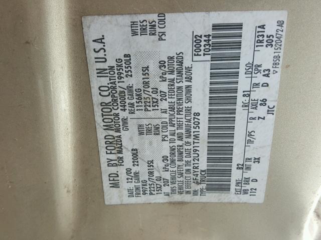 4F4YR12U91TM15078 - 2001 MAZDA B3000 TAN photo 10