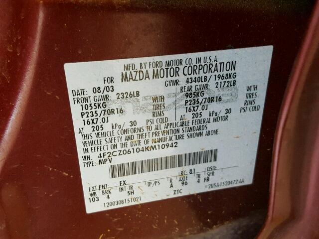 4F2CZ06104KM10942 - 2004 MAZDA TRIBUTE ES 栗色 照片 10