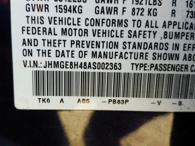 JHMGE8H48AS002363 - 2010 HONDA FIT SPORT BLUE photo 10