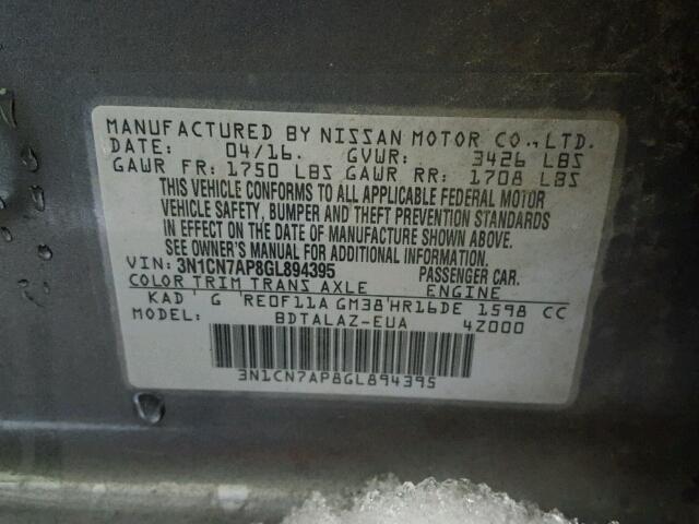 3N1CN7AP8GL894395 - 2016 NISSAN VERSA S GRAY photo 10