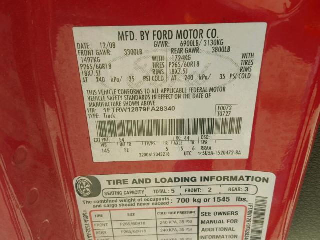 1FTRW12879FA28340 - 2009 FORD F150 SUPER RED photo 10