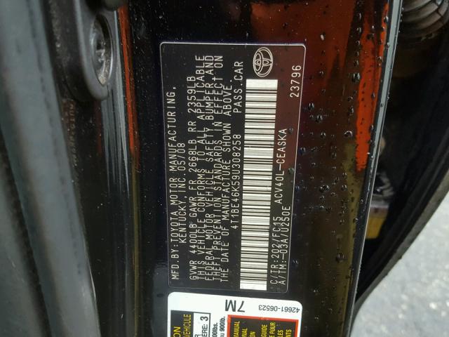 4T1BE46K59U308258 - 2009 TOYOTA CAMRY BASE BLACK photo 10