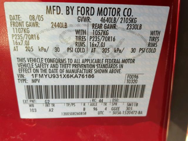 1FMYU931X6KA76186 - 2006 FORD ESCAPE XLT RED photo 10