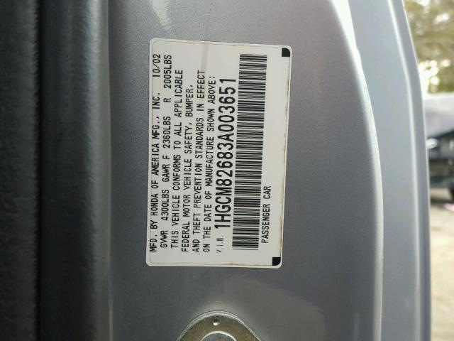 1HGCM82683A003651 - 2003 HONDA ACCORD EX SILVER photo 10