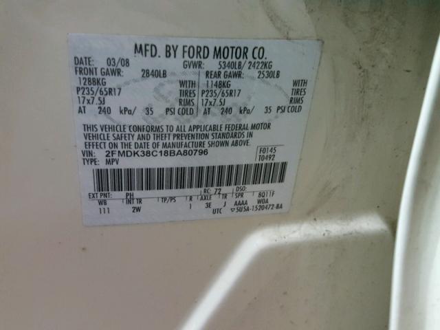 2FMDK38C18BA80796 - 2008 FORD EDGE SEL CREAM photo 10