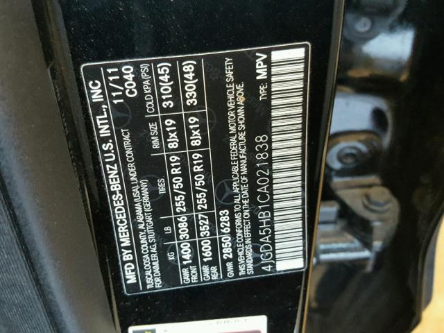 4JGDA5HB1CA021838 - 2012 MERCEDES-BENZ ML 350 4MA BLACK photo 10