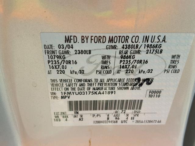 1FMYU03175KA41891 - 2005 FORD ESCAPE XLT SILVER photo 10