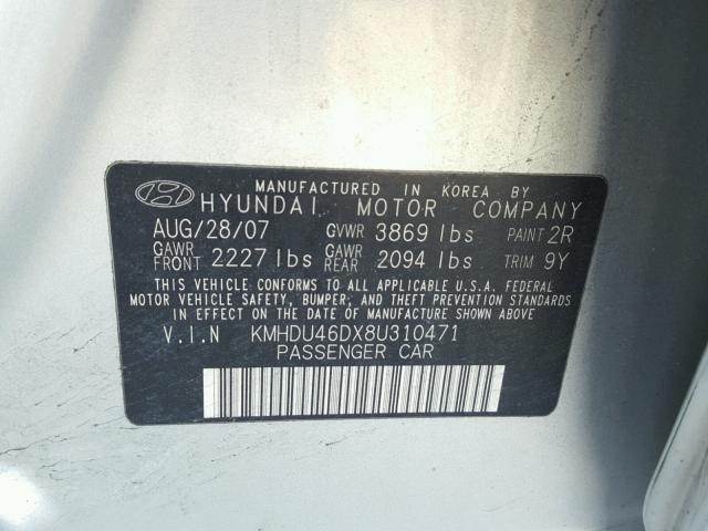 KMHDU46DX8U310471 - 2008 HYUNDAI ELANTRA GL SILVER photo 10