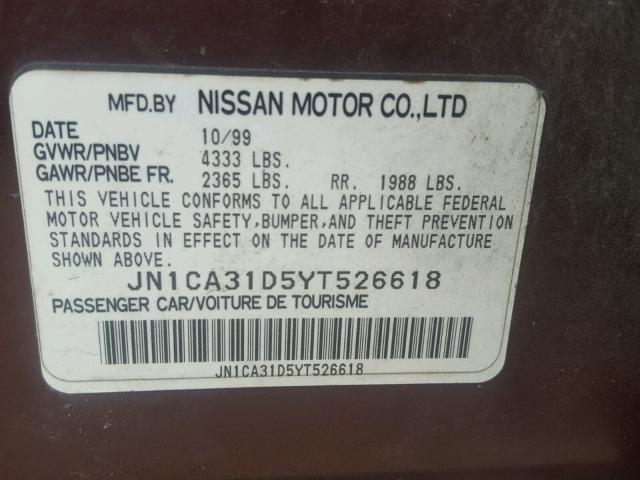 JN1CA31D5YT526618 - 2000 NISSAN MAXIMA GLE MAROON photo 10