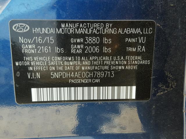 5NPDH4AE0GH789713 - 2016 HYUNDAI ELANTRA SE BLUE photo 10