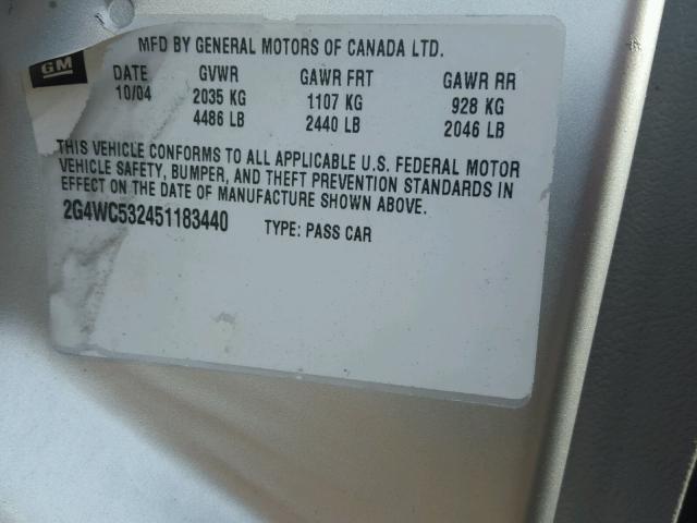 2G4WC532451183440 - 2005 BUICK LACROSSE C SILVER photo 10
