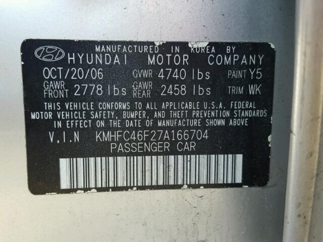 KMHFC46F27A166704 - 2007 HYUNDAI AZERA SE GRAY photo 10