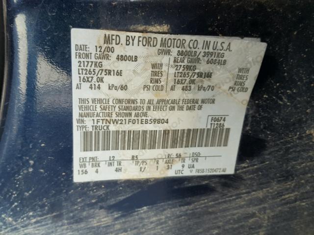 1FTNW21F01EB59804 - 2001 FORD F250 SUPER TWO TONE photo 10