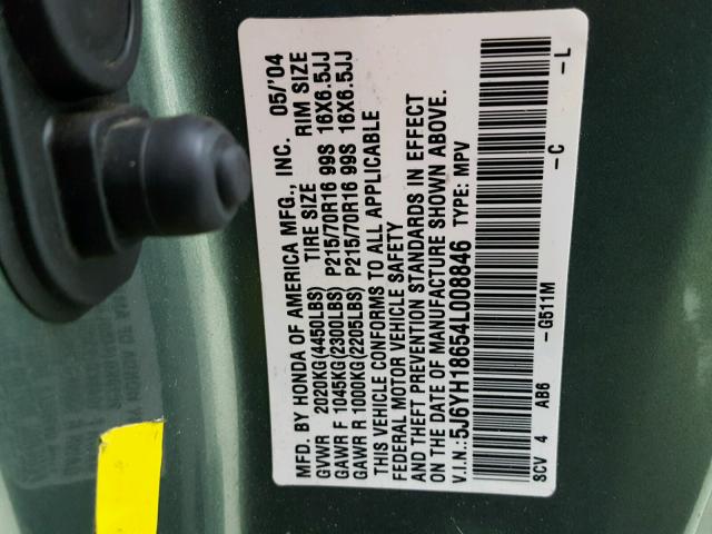 5J6YH18654L008846 - 2004 HONDA ELEMENT EX GREEN photo 10