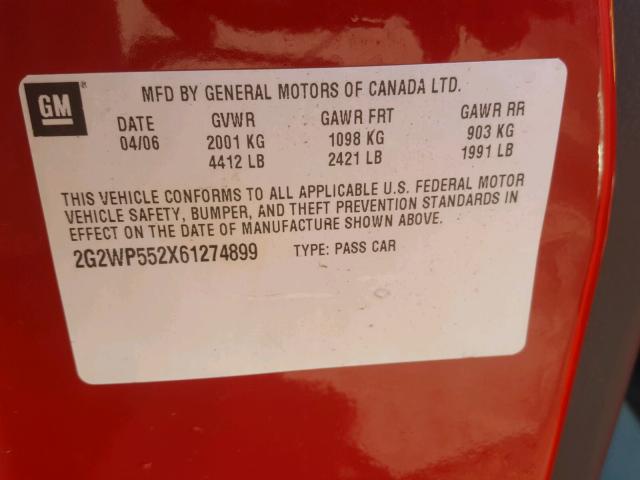 2G2WP552X61274899 - 2006 PONTIAC GRAND PRIX RED photo 10