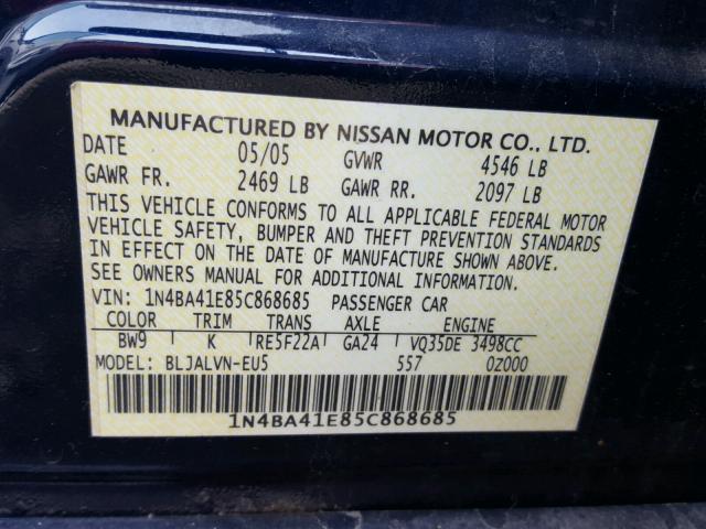 1N4BA41E85C868685 - 2005 NISSAN MAXIMA SE BLUE photo 10