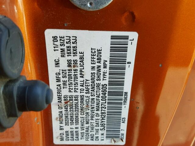 5J6YH28737L004605 - 2007 HONDA ELEMENT EX ORANGE photo 10