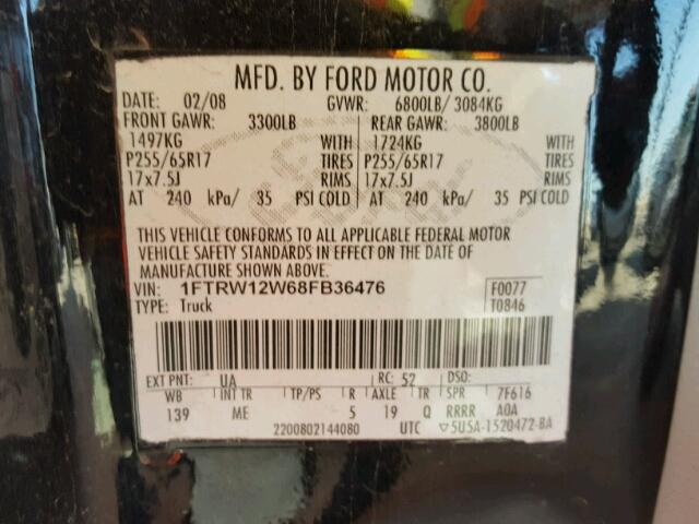 1FTRW12W68FB36476 - 2008 FORD F150 SUPER BLACK photo 10