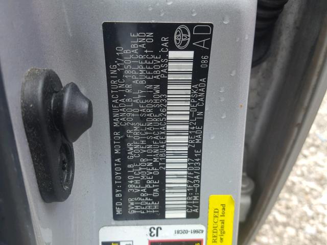 2T1BU4EEXAC526233 - 2010 TOYOTA COROLLA BA SILVER photo 10