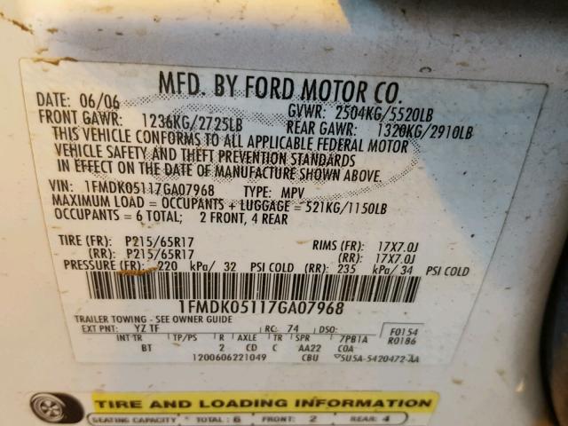 1FMDK05117GA07968 - 2007 FORD FREESTYLE WHITE photo 10