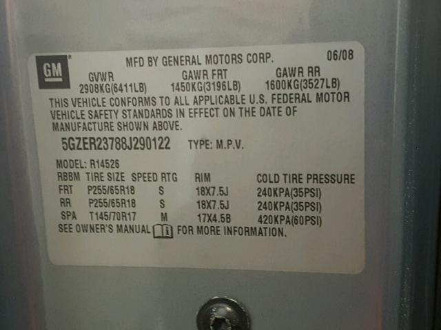 5GZER23788J290122 - 2008 SATURN OUTLOOK XR ნაცრისფერი ფოტო 10