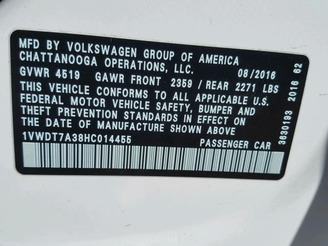 1VWDT7A38HC014455 - 2017 VOLKSWAGEN PASSAT R-L WHITE photo 10