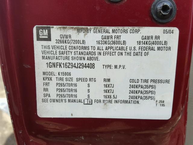 1GNFK16Z94J294408 - 2004 CHEVROLET SUBURBAN K BURGUNDY photo 10