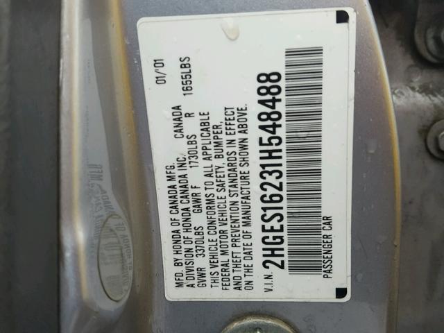 2HGES16231H548488 - 2001 HONDA CIVIC DX SILVER photo 10