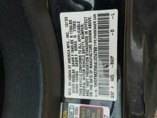 1HGEM22954L024799 - 2004 HONDA CIVIC EX Qara foto 10