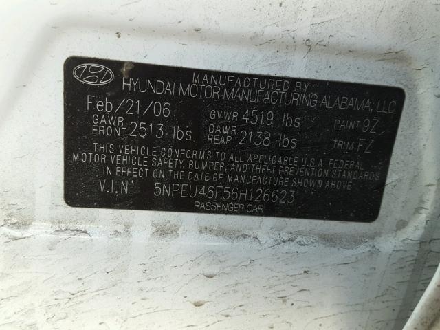 5NPEU46F56H126623 - 2006 HYUNDAI SONATA GLS WHITE photo 10