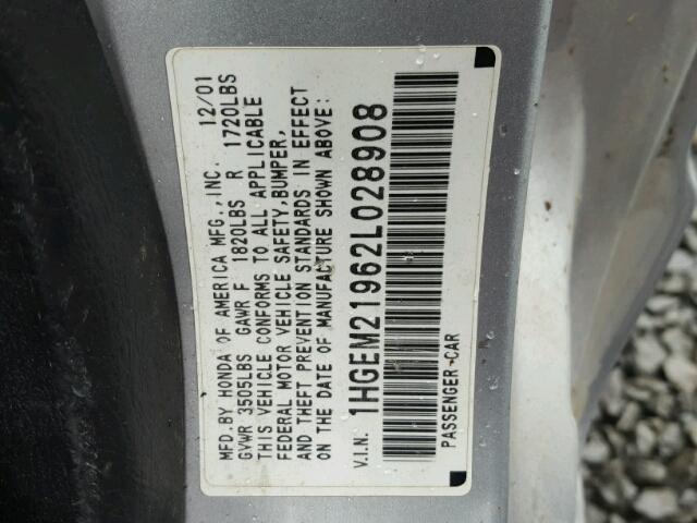 1HGEM21962L028908 - 2002 HONDA CIVIC EX Gümüş foto 10