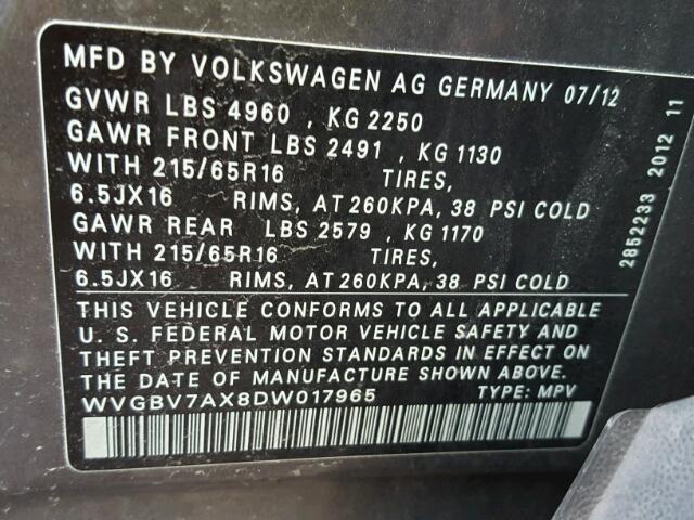 WVGBV7AX8DW017965 - 2013 VOLKSWAGEN TIGUAN S CHARCOAL photo 10