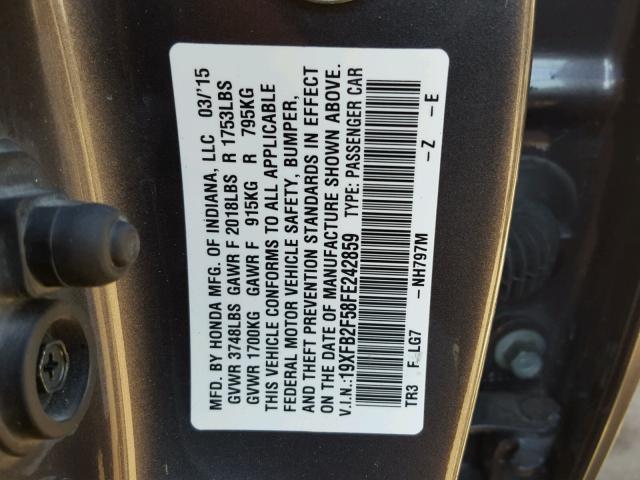 19XFB2F58FE242859 - 2015 HONDA CIVIC LX GRAY photo 10