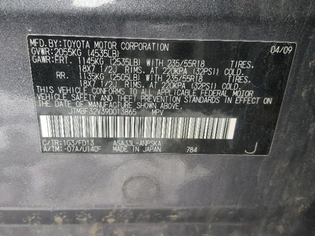 JTMBF32V39D013865 - 2009 TOYOTA RAV4 SPORT CHARCOAL photo 10