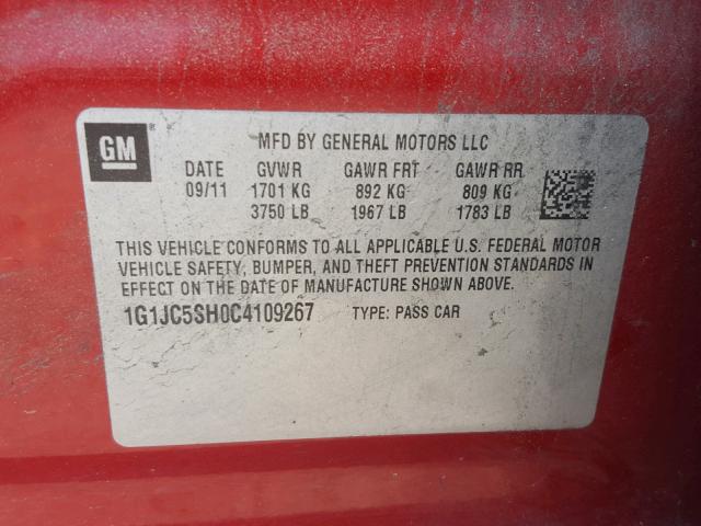 1G1JC5SH0C4109267 - 2012 CHEVROLET SONIC LT RED photo 10