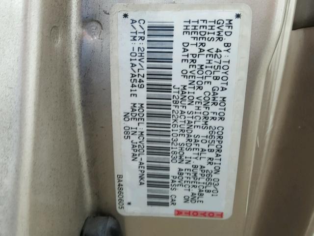 JT2BF22K610321830 - 2001 TOYOTA CAMRY CE BEIGE photo 10